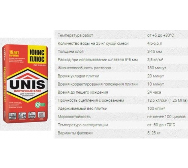 Клей для плитки UNIS PLUS